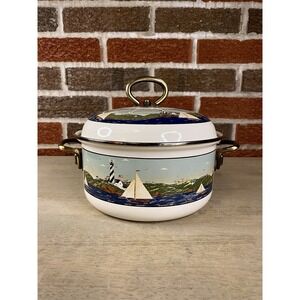 Rare Warren Kimble Coastal Breeze 2 Qt Enamelware Stew Pot Lighthouse Ship Ocean